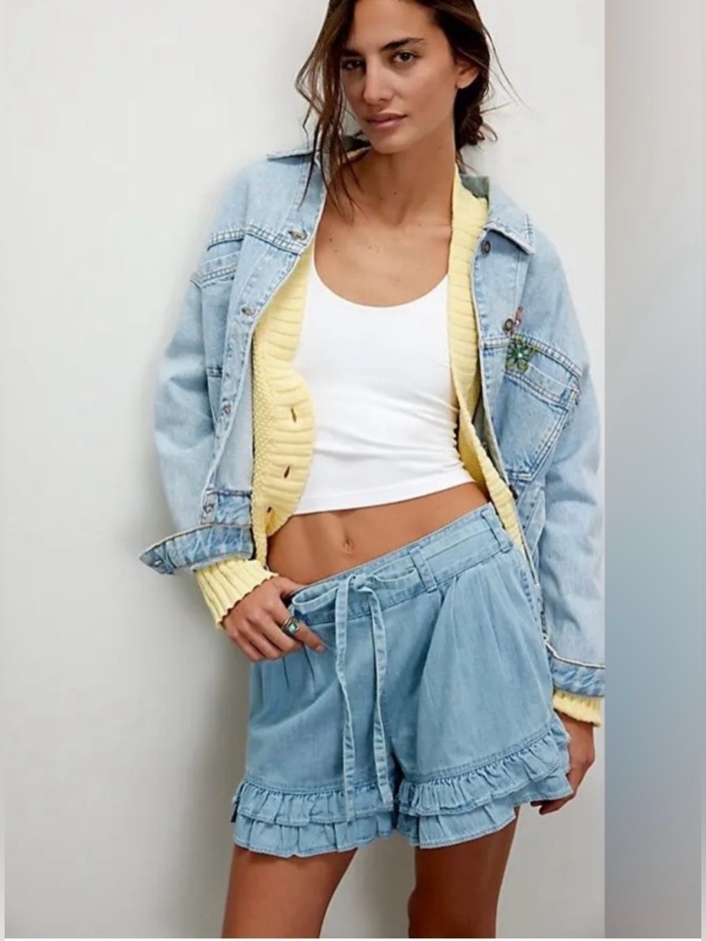 We the Free Light Wash Denim Ruffle Shorts